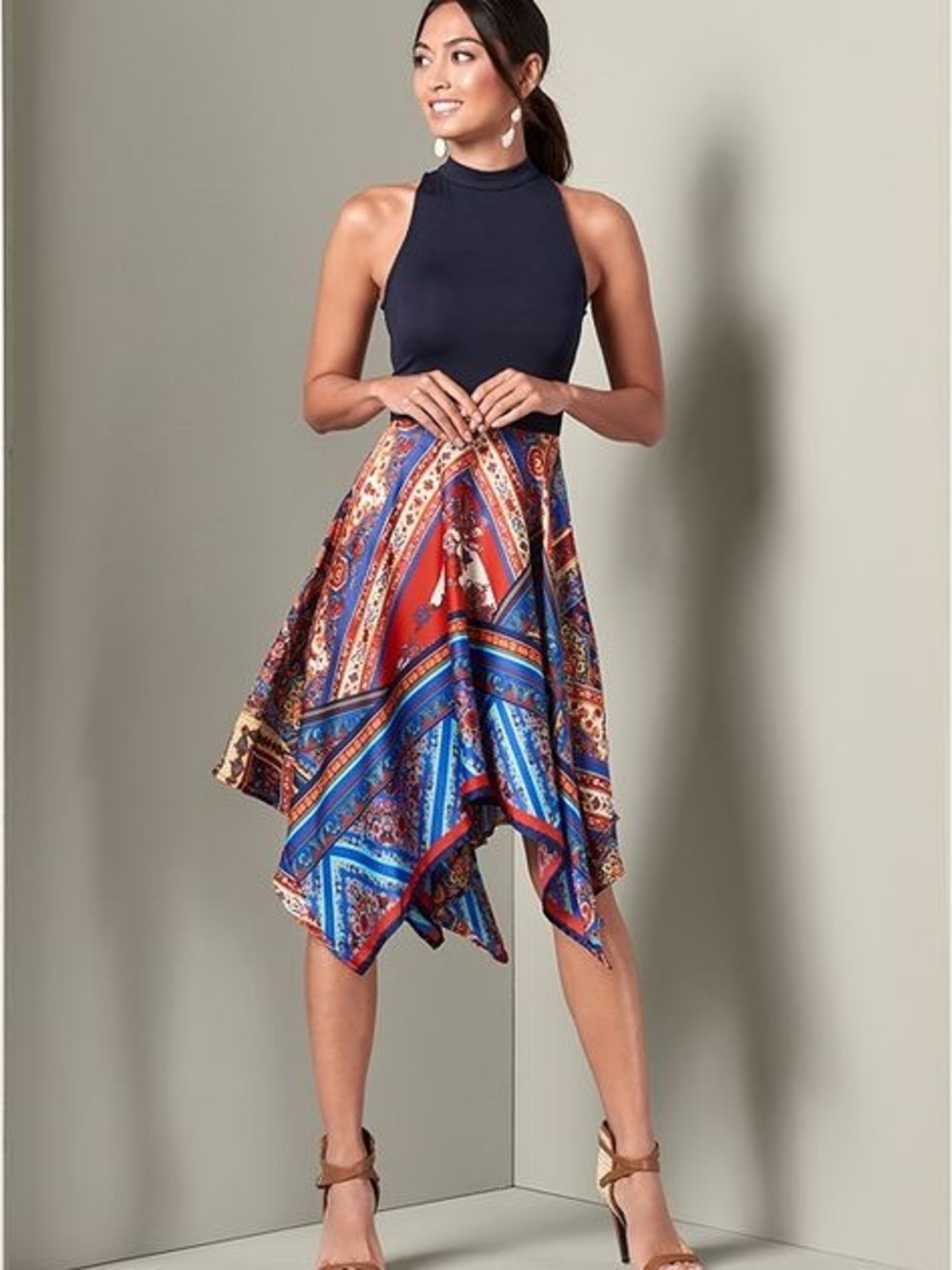 VENUS Boho Scarf Print Asymmetrical Handkerchief Hem Maxi Dress | Small